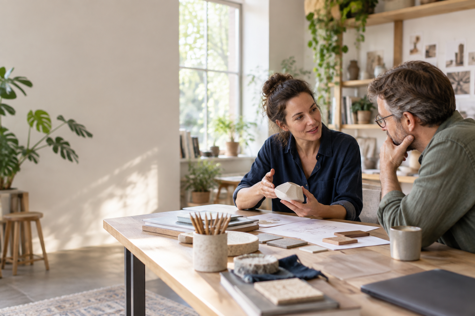 Freelancer bespreekt een ontwerp met een klant in een lichte studio